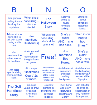 Jim Kozimor Olympic Curling USA-W Play-by-Play Bingo Card