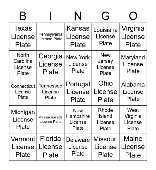 License Plate Bingo Card