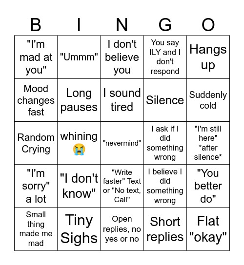 BPD Meltdown Bingo Card
