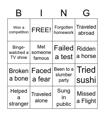 Never Have I Ever Bingo Card