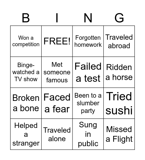 Never Have I Ever Bingo Card