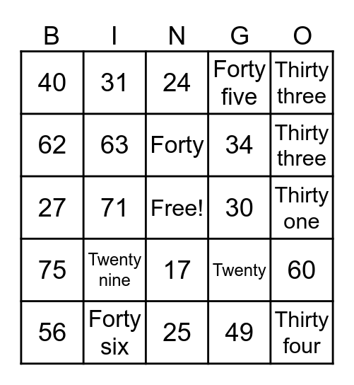 NUMBER Bingo Card
