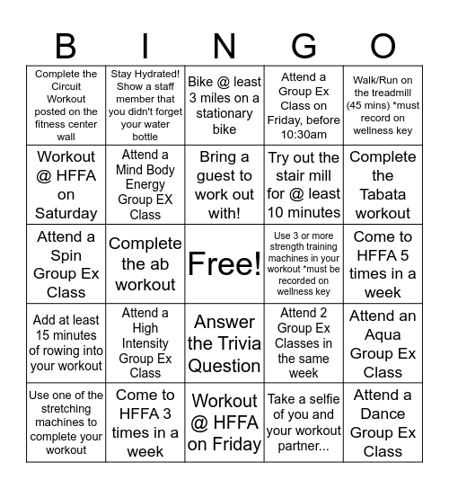 HFFA Active Bingo! Bingo Card