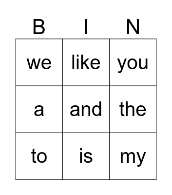 Sight Words Bingo Card