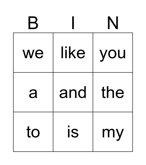 Sight Words Bingo Card