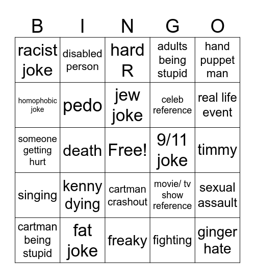 South Park Bingo Card