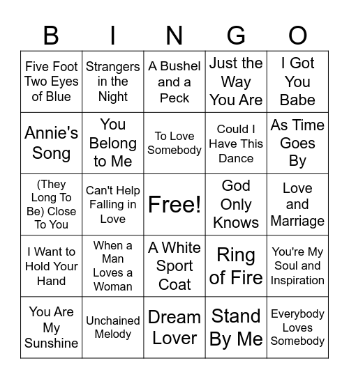 Name that Love Song Bingo Card