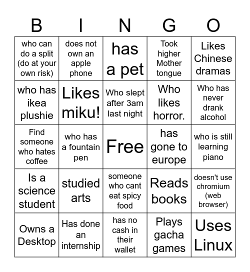 Find people who: Bingo Card