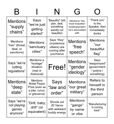 President Trump State of the Union 2026 BINGO Card