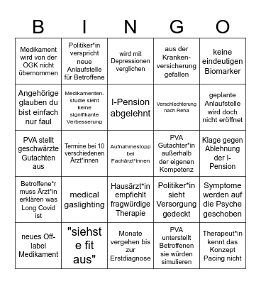 Long Covid Bingo Card