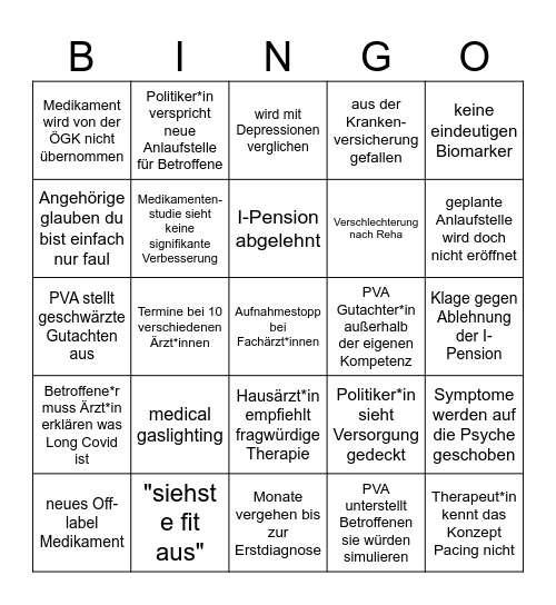 Long Covid Bingo Card