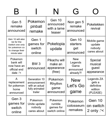 Pokemon Day Direct Bingo Card