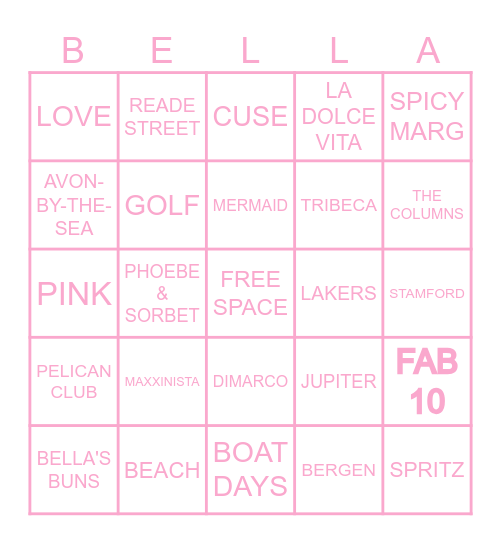 BELLA'S BRIDAL BINGO Card