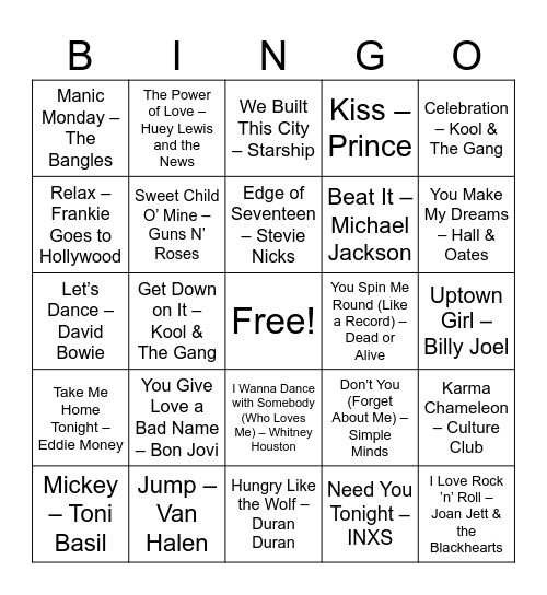 1980's Pop Music Bingo Card