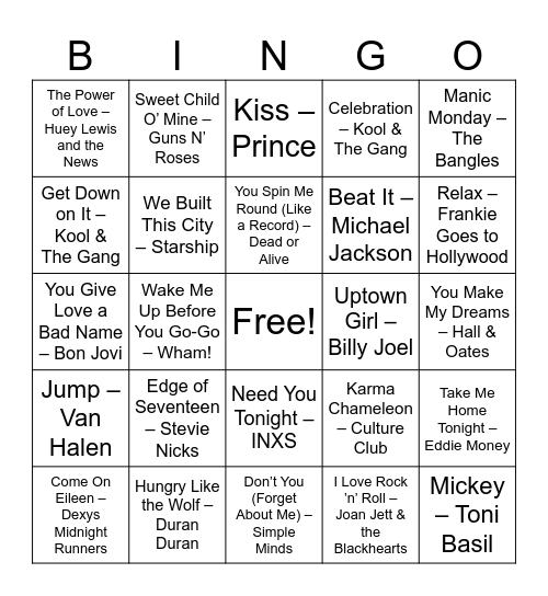 1980's Pop Bingo Card