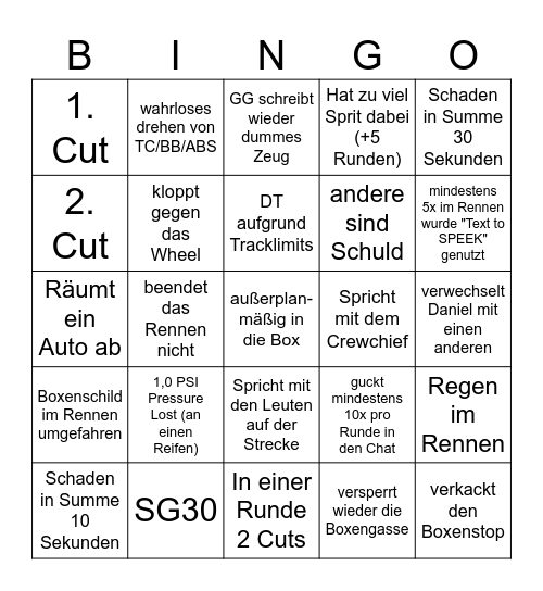 3h Silverstone mit SBR, heute am Samstag Bingo Card