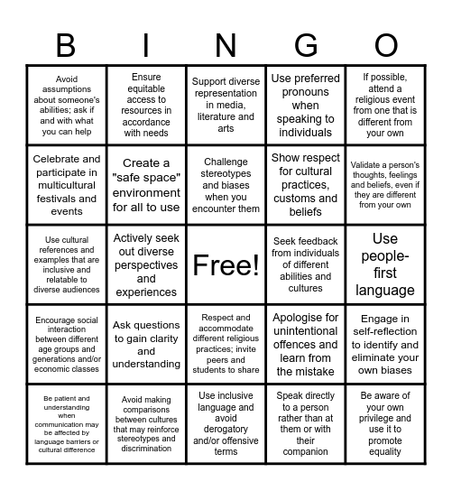 Inclusivity Bingo Card