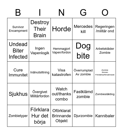 Zombie Bingo Card
