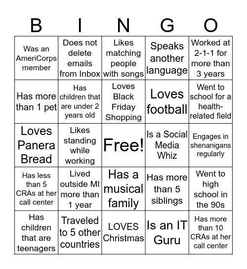 V-CHAP Staff Bingo! Bingo Card