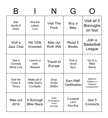 Sam's 2026 Bingo Card
