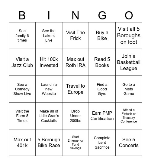 Sam's 2026 Bingo Card