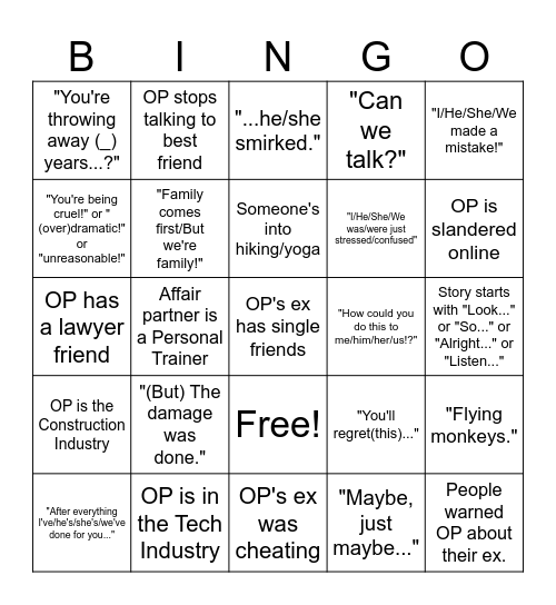 Reddit Story Bingo Card