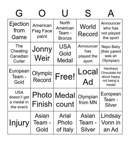Winter Olympics 2026 Bingo Card