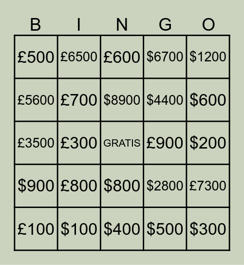 BINGO DE DINERO Bingo Card