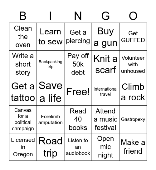 Rachel’s 2026 Bingo Card