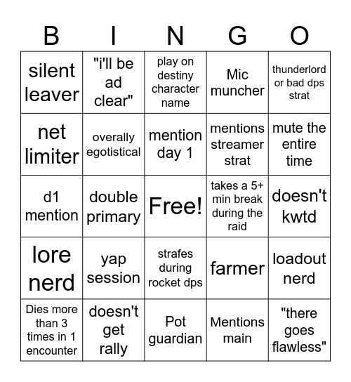 Destiny 2 Lfg Bingo Card