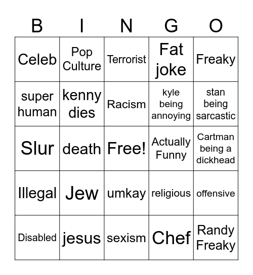 South Park Bingo Card