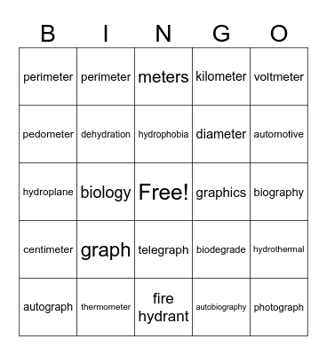 Greek Roots Bingo Card