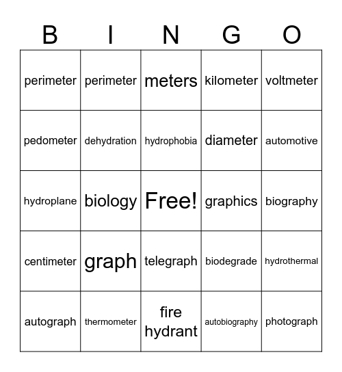 Greek Roots Bingo Card