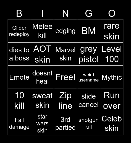 Fortnite Bingo Card