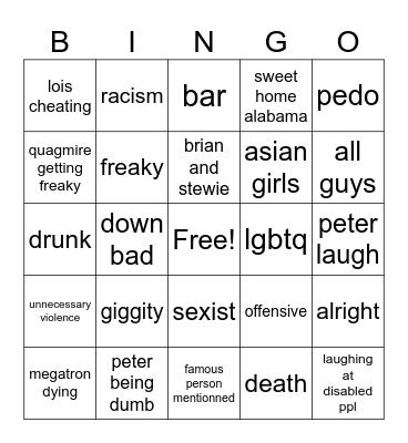Family Guy Bingo Card