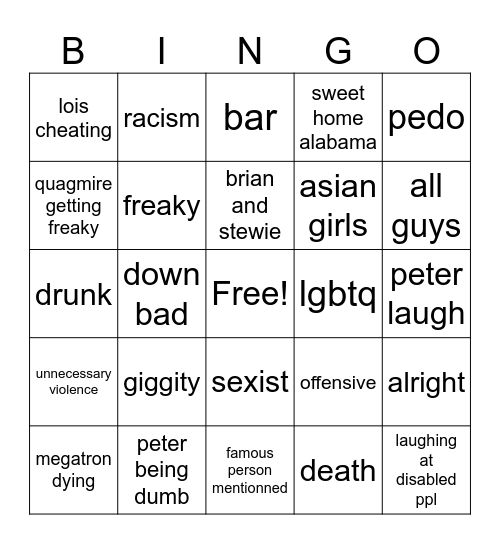 Family Guy Bingo Card