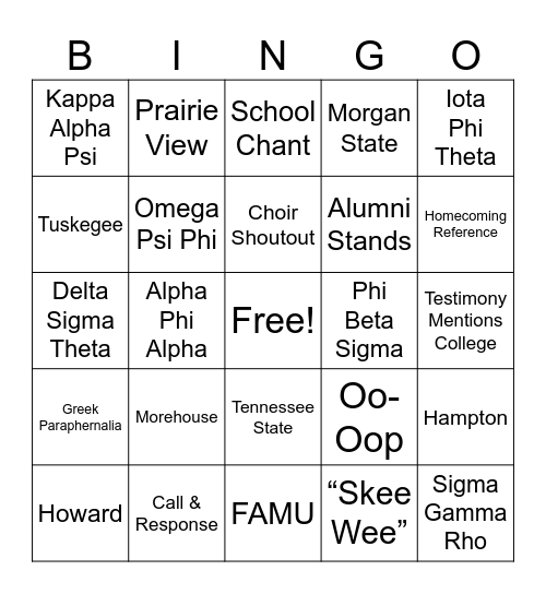 (YAMs) HBCU Sunday Bingo Card