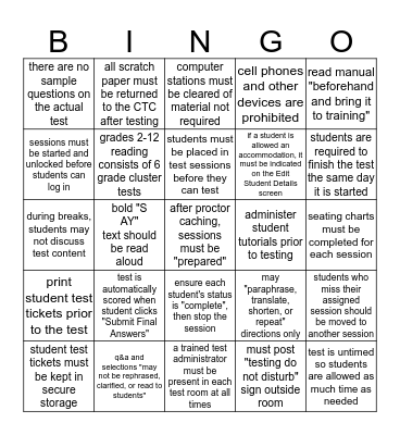 TELPAS Reading Test Administrator Manual Bingo Card