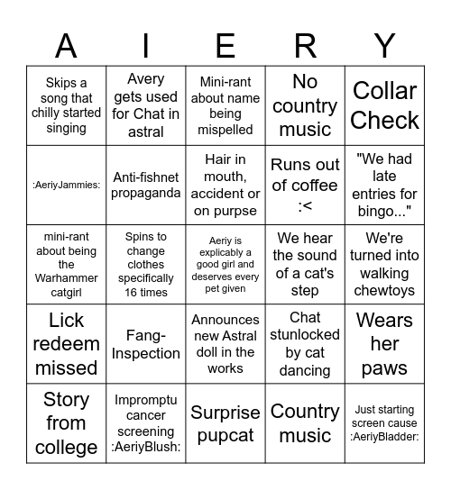 Aery Bingo Card