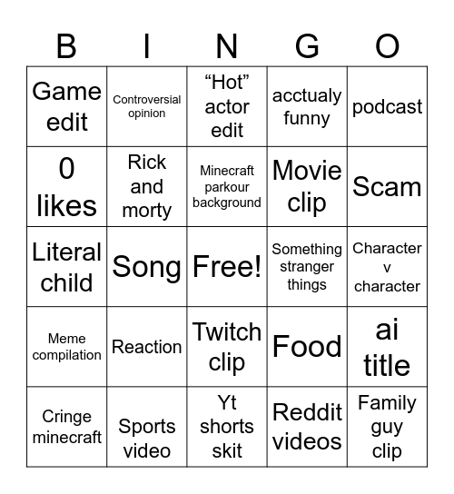 YouTube shorts Bingo Card