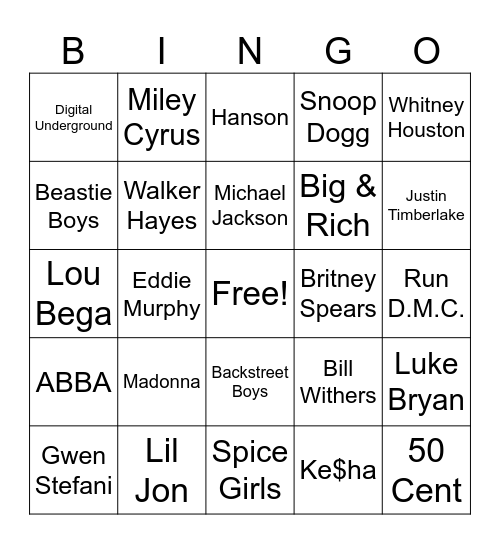 Country & Pop Bingo Card