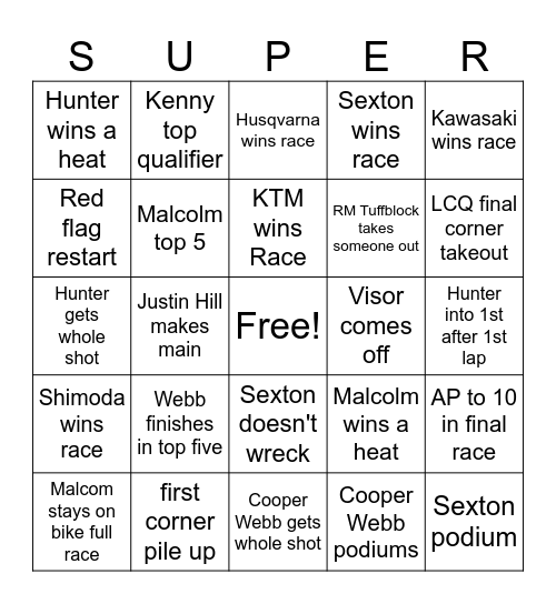 Supercross 2025 Bingo Card