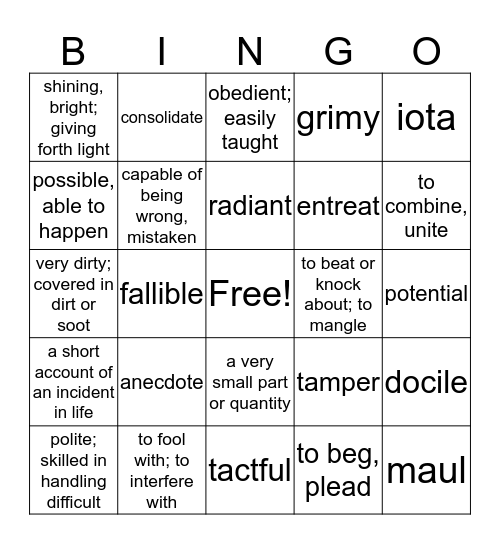 Level B Unit 5 Bingo Card