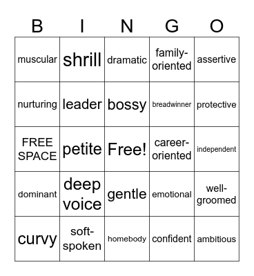 Gender Vocabulary Bingo Card