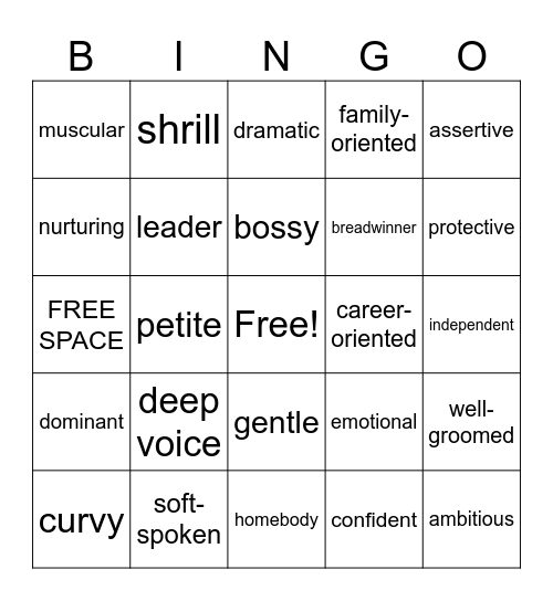 Gender Vocabulary Bingo Card