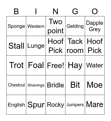 Langman Farms Horse Bingo Card