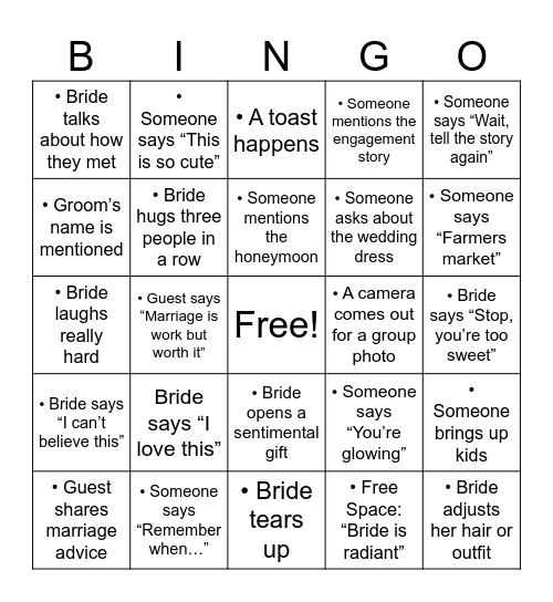 Megan's Bachelorette Party Bingo Card