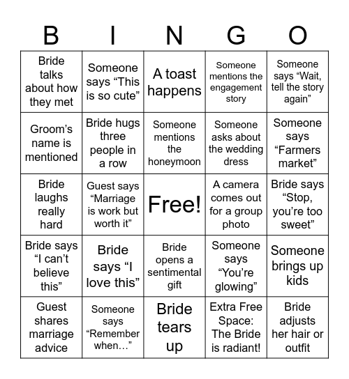 Megan's Bachelorette Party Bingo Card