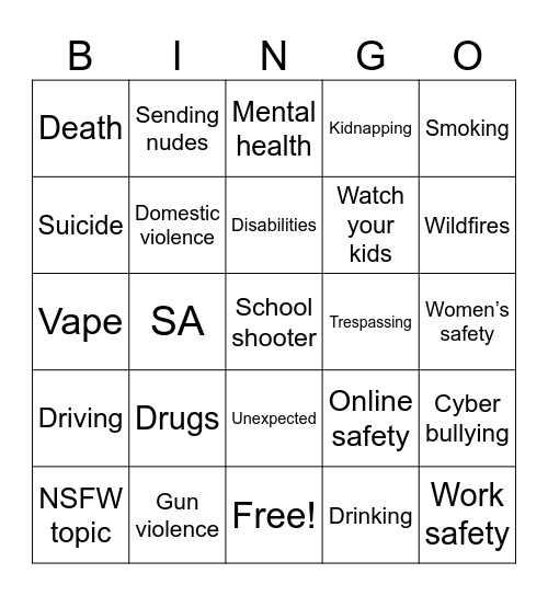 PSA Bingo Card