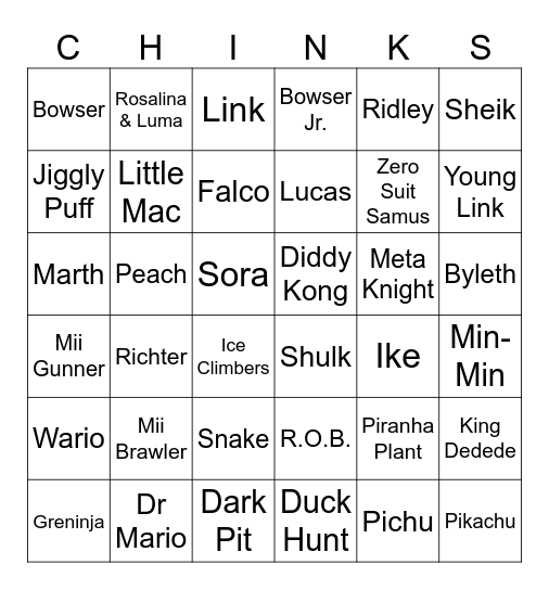 Character Bingo Card